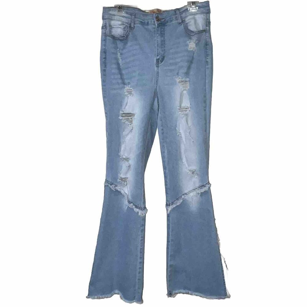 Elite Jeans Youth 13 / 31 Flare High Rise Distressed Ripped Raw Hem And Seams